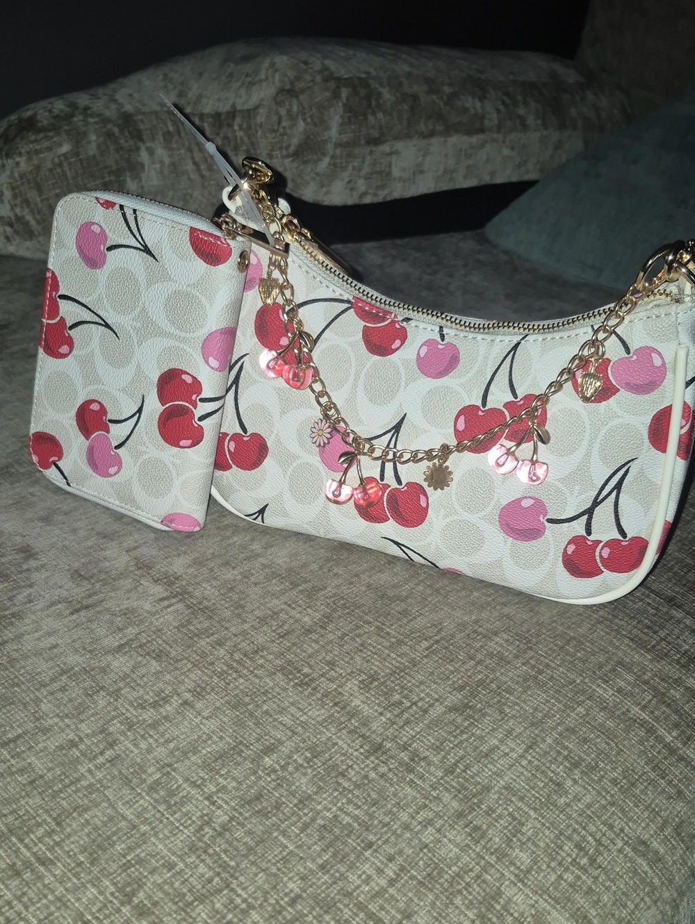 Cherry Print Women's Shoulder Bag with Charm Accent - Pink/Red